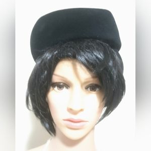 Vintage 1960s Velvet Stewardess Pillbox Style Black Hat